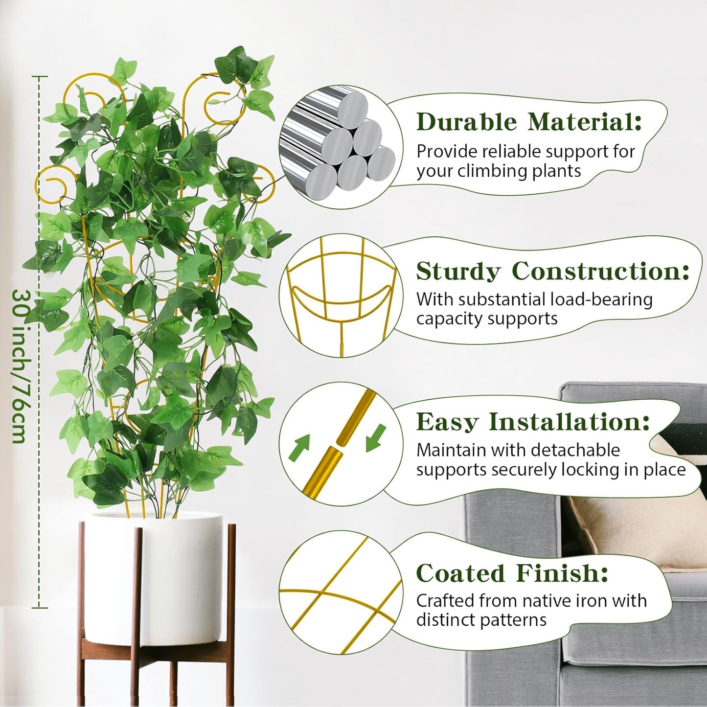 ZOUTOG Trellis for Climbing Plants Indoor 4 Pack 30 Inch,Rustproof Metal Garden Trellis for Potted Plants,Sturdy Houseplant Support Indoor Outdoor for Ivy Pothos Monstera Hoya Flower Vine(Golden Moon)