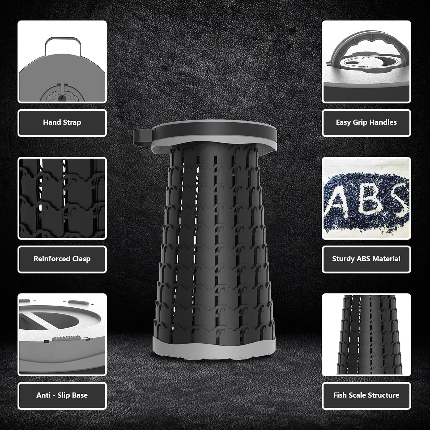 Upgraded Collapsible Stool with Max Load Capacity 330lbs Portable Telescoping & Folding Design Retractable Seat for Camping, Gardening, Fishing & Outdoor Adventures (Grey)