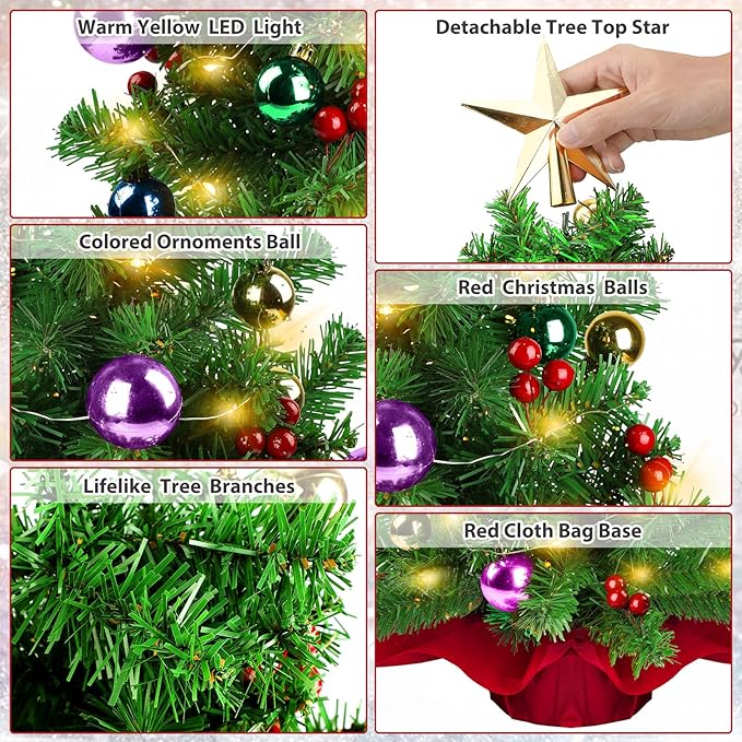 Small Tabletop Christmas Tree, 22 Inch Mini Artificial Prelit Christmas Tree Decorated with Warm Lights, Colorful Ornaments, Star Treetop, Red Berries and Cloth Bag Base for Holiday Decoration