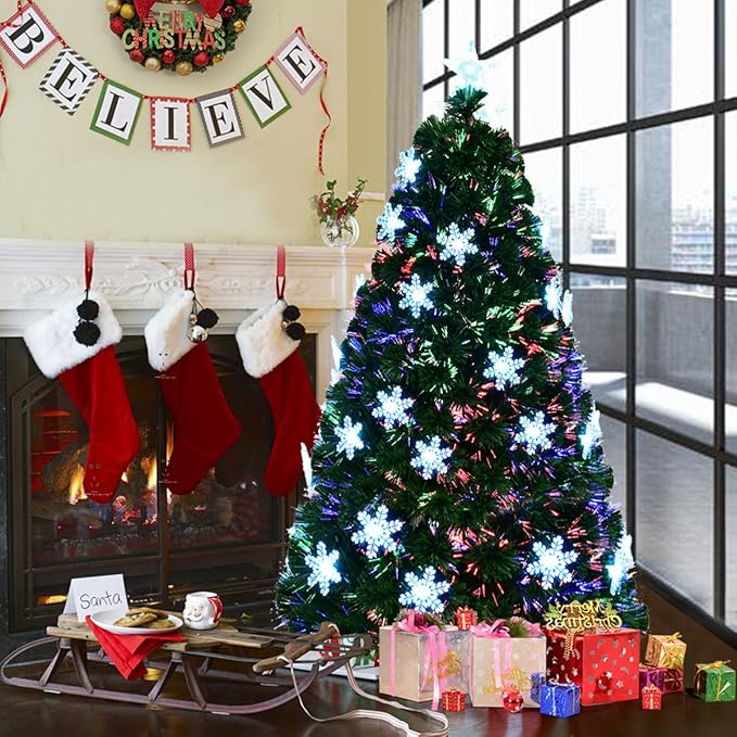 Happygrill 6FT Pre-lit Christmas Tree Fiber Optic Artificial Xmas Tree for Home Holiday Décor, Snowflakes, UL-Certified Electronic Transformer, Christmas Tree with Metal Stand