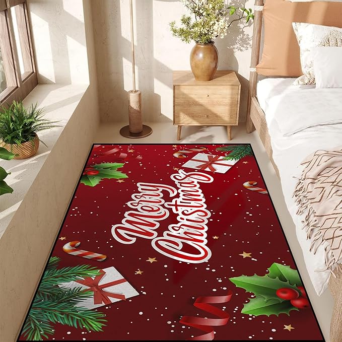 Christmas Rug Xmas Holiday Decorative Christmas Tree and Snowflake Pattern Welcome Mat for Home Decoration Non Slip Outdoor Indoor Entrance Floor Mat,71" X 47"