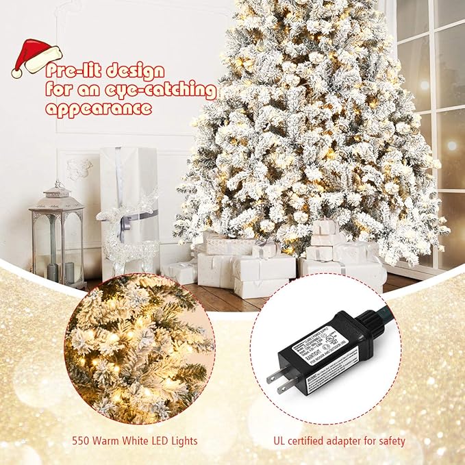 COSTWAY 9 FT Pre-Lit Christmas Tree, Snow Flocked Hinged Xmas Tree with 1498 Branches Tips & 550 LED Lights, Metal Stand, Artificial Pine Lighted Holiday Tree for Home Office Decorations