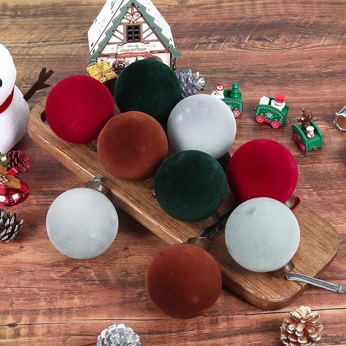 24 Pcs Velvet Christmas Balls Bulk Shatterproof Plastic Christmas Tree Decorations for Decorative Hanging Baubles (24, Wine red、Haze Blue、Blackish Green、Brown, 3.15Inch)