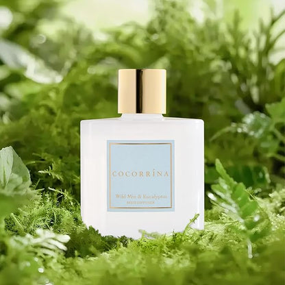 COCORRÍNA Reed Diffuser - Wild Mint & Eucalyptus 6.7 Fl.oz Reed Diffuser Set with Sticks & Preserved Baby's Breath, Reed Diffuser for Home Bathroom Shelf Decor