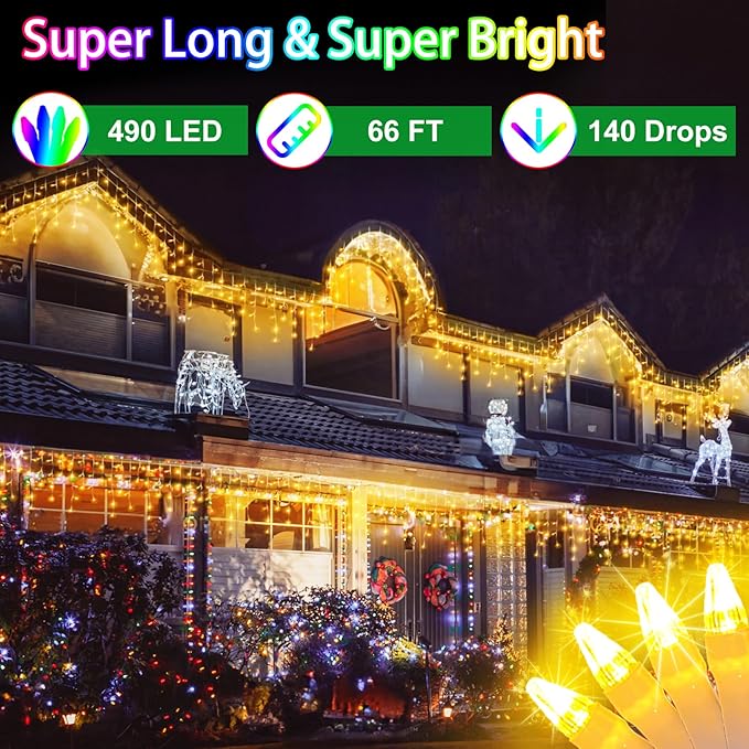 66ft LED Christmas Lights Outdoor with 140 Drops, Christmas Decorations Hanging Lights 490 LED 8 Lighting Modes, Outsite Fairy String Lights for House Xmas Wedding Party Holiday Decoration Warm White