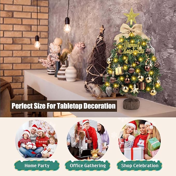 SVNVIOZ 2FT Small Tabletop Christmas Tree with Lights, Mini Artificial Christmas Tree with Bronze Gold Ornaments, Xmas Tabletop Christmas Tree for Holiday Home Decoration