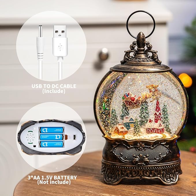 Christmas Snow Globe Lantern with Santa Claus is Coming in his Sleigh!Lighted Swirling Glittering Snow Globes with Music & Timer, Christmas Decorations for Home Tabletop Indoor Gifts
