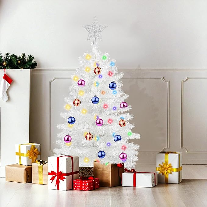 3 Ft Premium White Christmas Tree Dual Color Change 12 Modes Timer DIY 50 Warm White & Colored Lights 15 Ball Ornaments Star Battery Operated Small Artificial Full Xmas Tree Table Indoor Holiday Decor