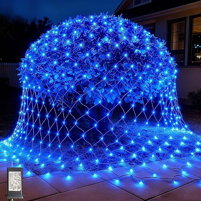 LitHome 14.8FT x 5FT Christmas Net Lights Outdoor Mesh Lights, 300 LED Christmas Blue Net Light for Bushes Connectable, 8 Modes Giant Mesh Light Waterproof Green Wire for Tree Garden Party Roof Decor