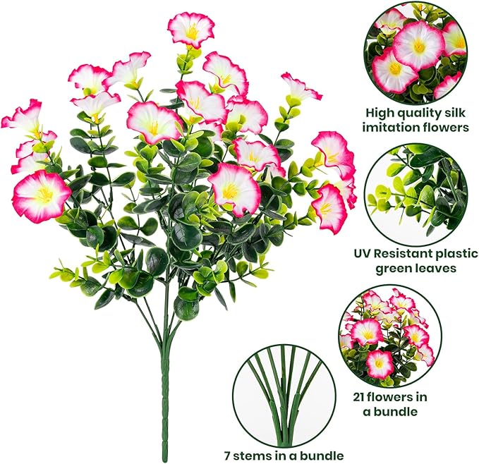 Artificial Faux Flowers for Outdoor 16 Bundles Boxwood Fake Morning Glory for Planter,UV Resistant Fake Flowers for Home Porch Patio Outside（Pink）