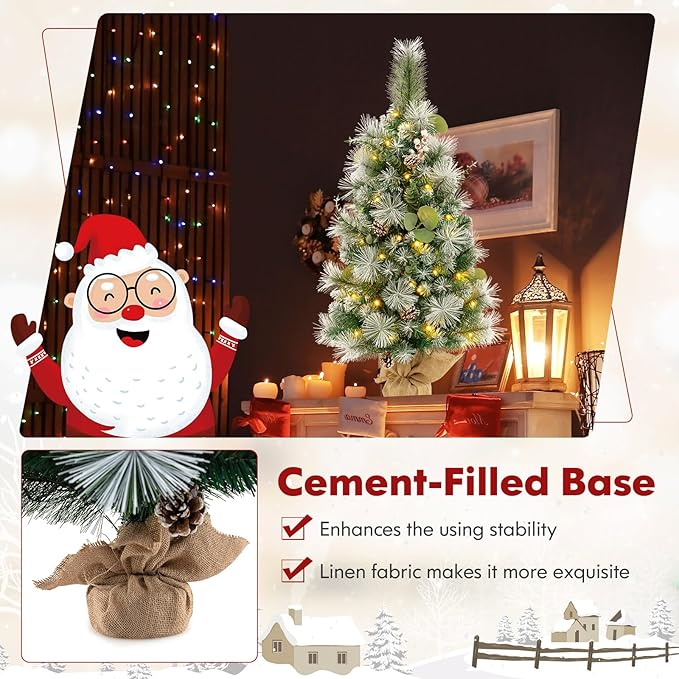 HAPPYGRILL 3 FT Tabletop Artificial Christmas Tree Set of 2, Fake Tree with Pine Needles, Eucalyptus Leaves, Pine Cones, White Berries, Green Xmas Tree with 30 Warm White LED Lights