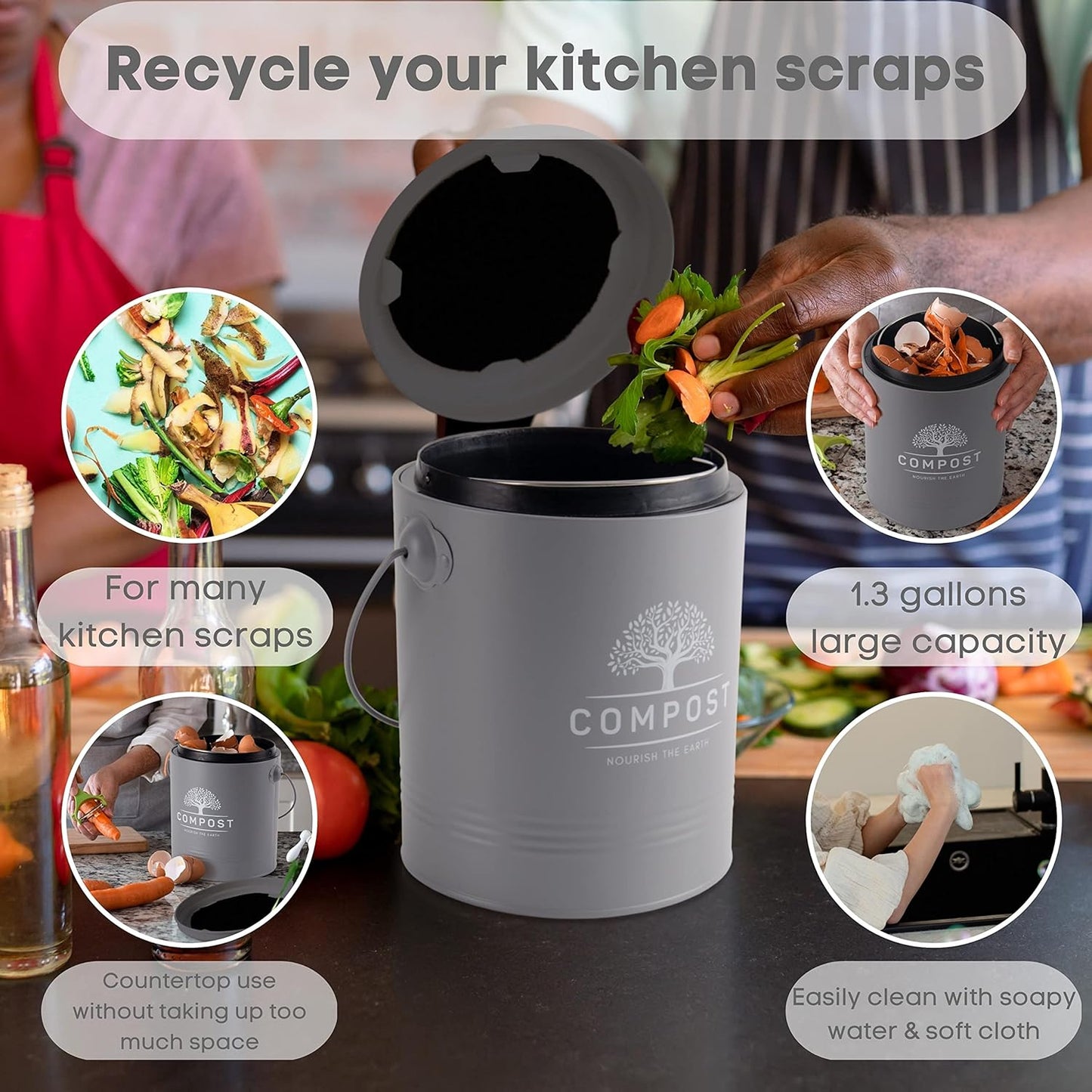 Perfnique Kitchen Compost Bin, 1.3 Gallon Countertop Compost Bin with Lid, Indoor Compost Bucket Includes Inner Bucket Liner and Carbon Filter, Small Compost Bin with Trash Bags (with Bags, Grey)