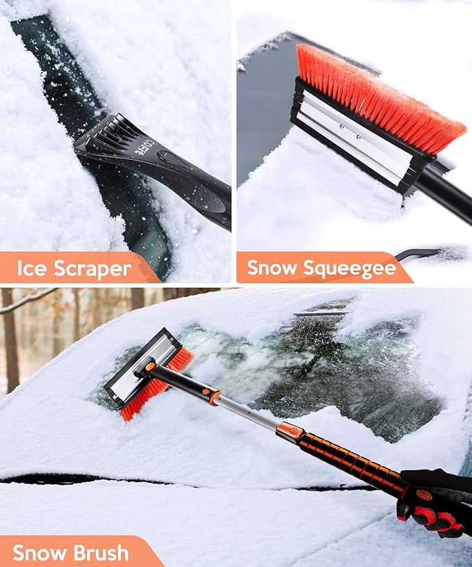 COFIT Car Snow Brush with Ice Scraper and Squeegee 3 in 1, 50" Extendable Cleaning Kit Long Handle, Windshield Snow Removal Tool Scratch Free, SUV Truck RV Window Roof Exterior Wash Supplies, Orange
