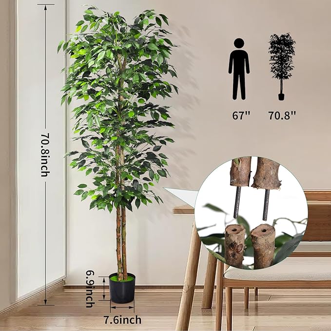 2Packs 6FT Artificial Ficus Trees with Realistic Leaves and Natural Trunk, Faux Ficus Tree with Sturdy Plastic Nursery Pot, Fake Ficus Tree for Office Home Farmhouse for Indoor Outdoor Decor