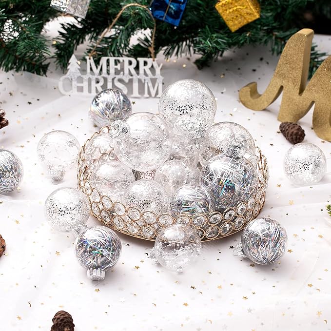 Christmas Ornaments Ball Set-Shatterproof Clear Plastic Decorative Baubles for Xmas Tree House Holiday Wedding Party Decoration,20pcs Silver