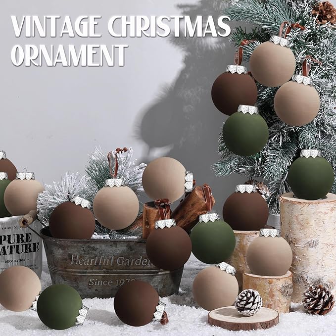 24 Pcs Neutral Matte Christmas Ball Ornaments 2.4 Inch Rustic Boho Brown Green Tan Xmas Bulbs Ornament Vintage Xmas Baubles Modern Christmas Decor for Tree Farmhouse Decor