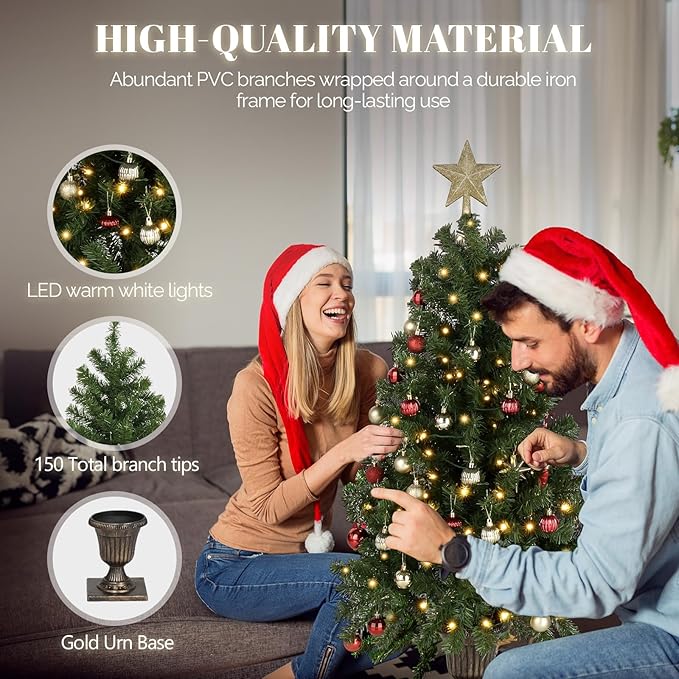 VINGLI 4ft Prelit Artificial Christmas Tree with 120 Warm White Lights, 211 Branches Tips, Xmas Entrance Tree Holiday Party Decorations