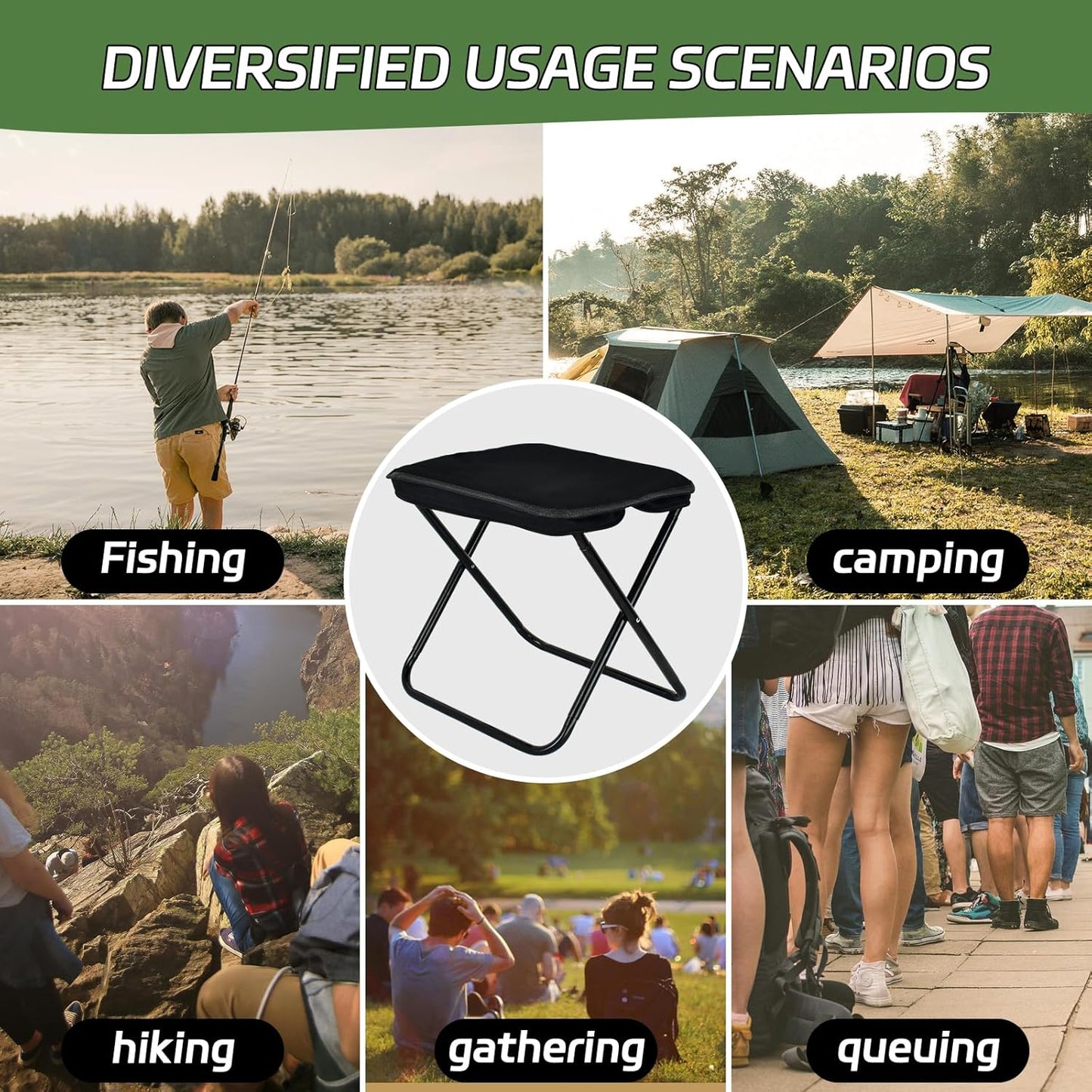 Collapsible Stool 2 Pack, Portable Chair, Lightweight Portable Stool for Adults, Portable Chairs for Adults, Holds Up to 330LBS, Ideal for Camping, Hiking, Outdoors, and Events