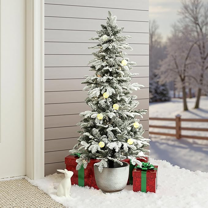LuxenHome 5FT Small Potted Christmas Tree, Flocked Christmas Tree with 100 LED Globe Lights, Prelit Artificial Xmas Trees with White Round Pot, Lighted Pine Tree for Indoor, Outdoor Holiday Display