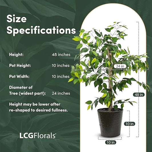 4ft Ficus Tree in Black Metal Pot with Real-Wood Trunk - Indoor and Outdoor Faux Plants for Patio, Living Rooms, Offices & Outdoor Spaces