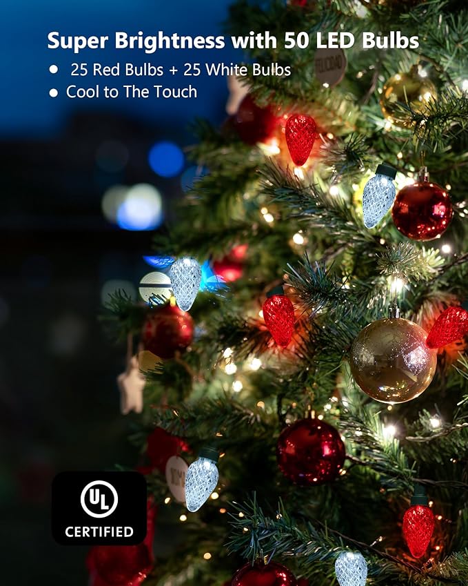 C7 LED Christmas String Lights, 25.16FT 50 LED Connectable Outdoor Indoor Decorative Light Strand, Red & White Xmas Holiday Lights for House, Christmas Tree, Patio, Party Decoration, UL Listed