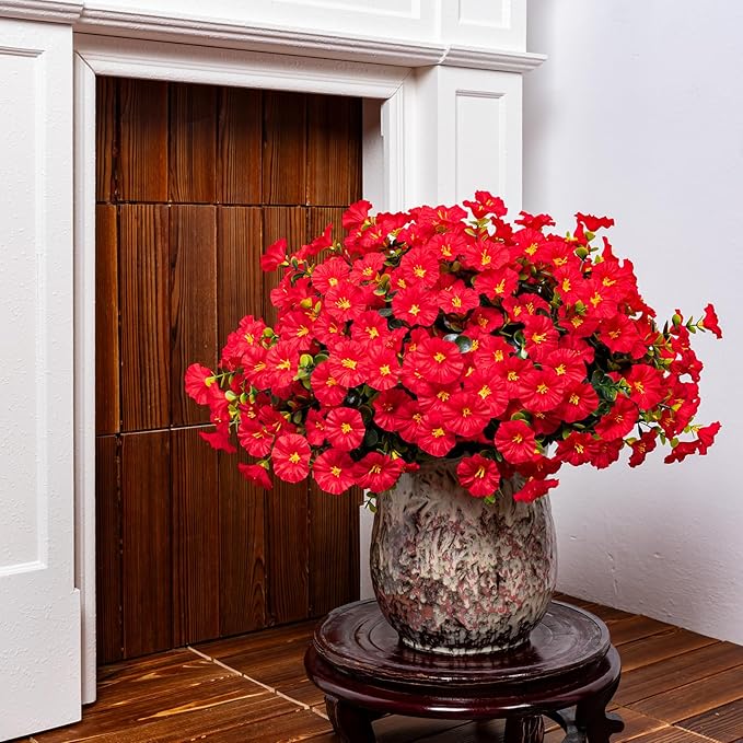 Artificial Faux Flowers for Outdoor 16 Bundles Boxwood Fake Morning Glory for Planter,UV Resistant Fake Flowers for Home Porch Patio Outside（Red）