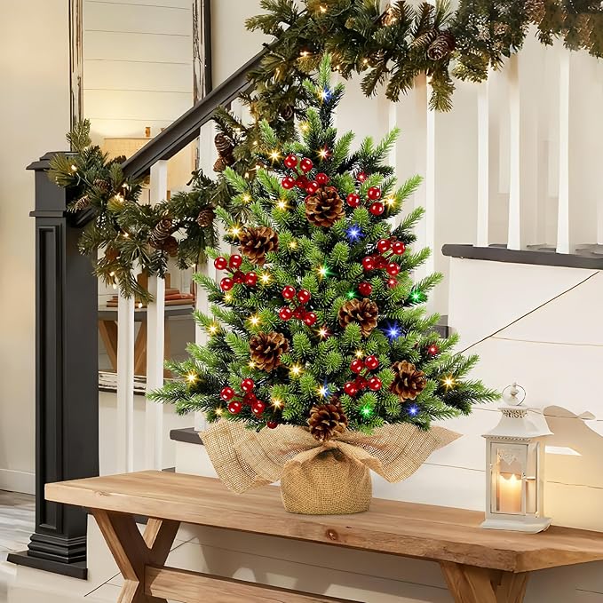 [ 12 Modes & Timer] Christmas Artificial Tree LED Warm Lights Battery Operated Red Berries Pine Cone Burlap Base Indoor Home Christmas Decorations
