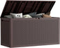 90 Gallon Outdoor Storage Box, Lockable Package Outside Storage Box Waterproof, Patio Cushions Deck Storage Boxes, Rattan Plastic Garden Hose Containers Resin Pool Storage Bins with lids, Brown