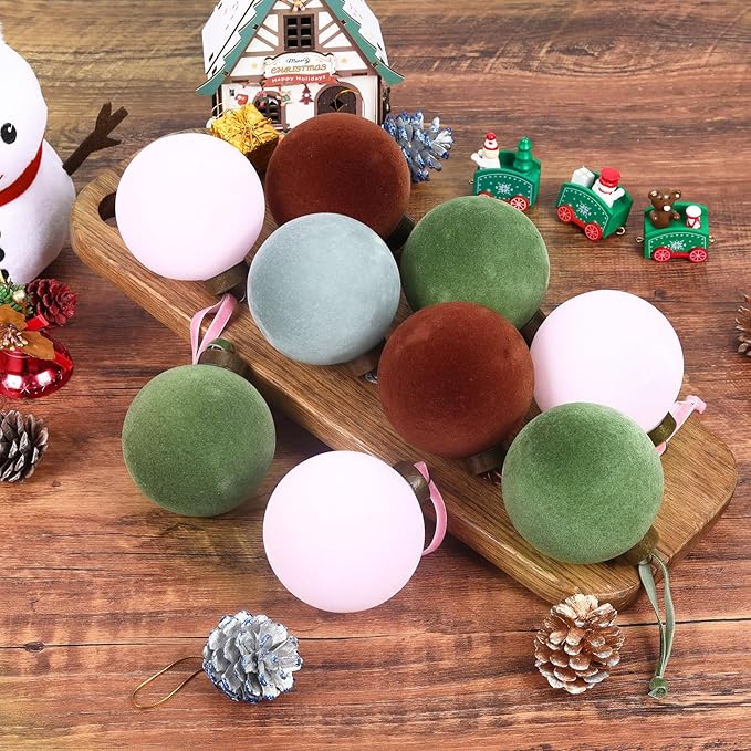 24 Pcs Velvet Christmas Balls Bulk Shatterproof Plastic Christmas Tree Decorations for Decorative Hanging Baubles (24, Green、Brown、Pink、Haze Blue, 3.15Inch)