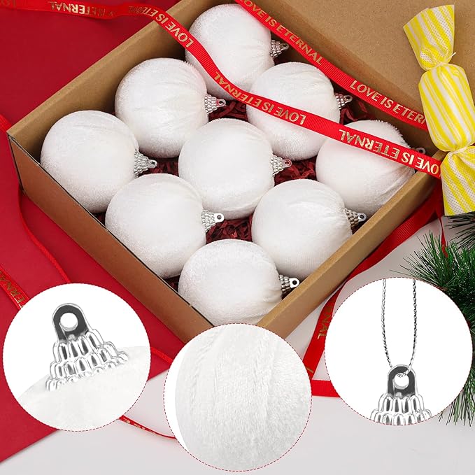 Woration 9pcs Christmas Tree Ornaments Velvet Balls Shatterproof 2.36inches White Flocked Balls Hanging Xmas Trees Decorations for Wreath Holiday Party