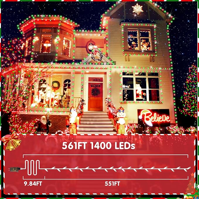 XURISEN 551FT 1400 LED Christmas Lights Outdoor Green Wire String Lights 8 Modes with Timer Memory Waterproof Fairy Light Plug in for Xmas Tree Wedding Yard Party Holiday Decorations(Red+Green)