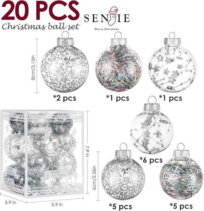Christmas Ornaments Ball Set-Shatterproof Clear Plastic Decorative Baubles for Xmas Tree House Holiday Wedding Party Decoration,20pcs Silver