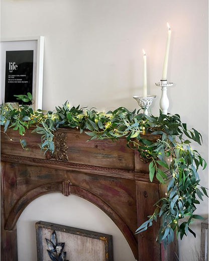 FiveSeasonStuff Rustic Willow & Eucalyptus Garland with Warm White USB String Lights, 5.9ft Bendable Greenery Vine for Wedding Arches, Mantels and Home Decor