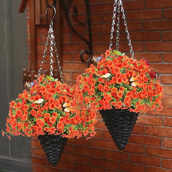 20 Bundles Artificial Flowers for Outdoors‌ with 6 Faux Butterflies, UV Resistant Fake Flowers‌ with Eucalyptus Leaves, Artificial Plants Outdoor‌ for Patio Garden Porch Home Decor (Orange)