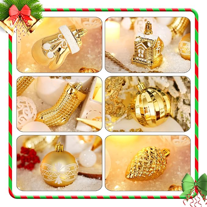 Christmas Tree Ornament Set - 132pcs Gold White Ball Decoration, Shatterproof Hanging Ornaments Assortment, Large and Small for Holiday Party Decor