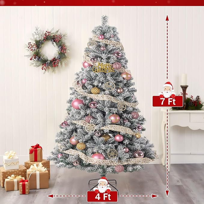 7FT Green Artificial Christmas Tree with 1200 Realistic Branch, Flocked Full Xmas Tree with Foldable Stand, Easy Assembly Hinged Pine Tree for Home, Shop, Office, Party Holiday Decoration