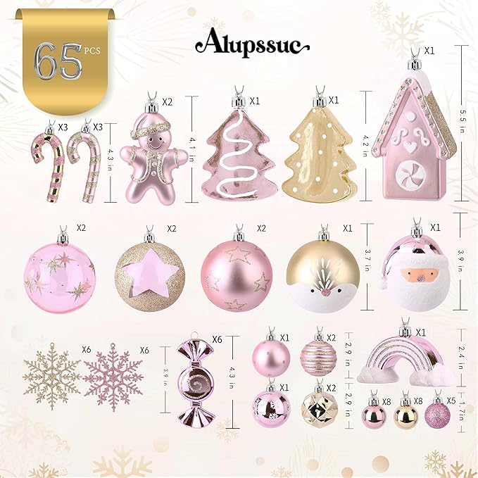Alupssuc 65pcs Christmas Balls Ornaments Set, Shatterproof Plastic Baubles Gingerbread House, and Tree Topper for Xmas Tree Holiday Wedding Party Decorations with Hanging Strings, Gold & Pink
