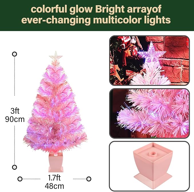 3ft Pink Fiber Optic Christmas Tree,Pre-Lit Artificial Mini Christmas Tree, Tabletop Small Xmas Tree with Stars Holiday Home Decorations
