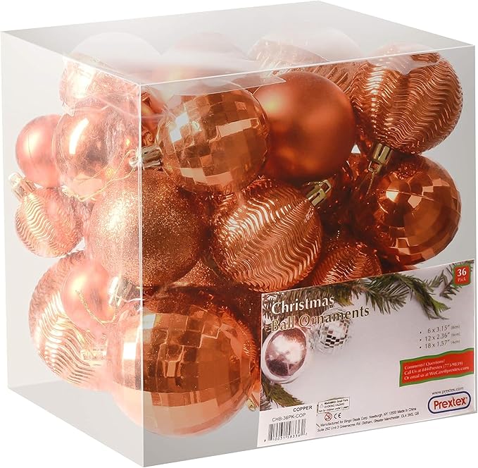 PREXTEX Christmas Tree Ornaments - Copper Orange Christmas Ball Ornaments Set for Christmas, Holiday, Wreath & Party Decorations (36 pcs - Small, Medium, Large) Shatterproof, 3 Size Combo