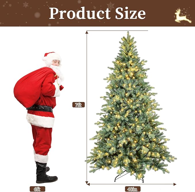 Prelit Artificial Christmas Tree 7ft, Blue Spruce Christmas Tree with 500 Led Lights, 1685 Branches, Metal Tree Stand for Home Office Mall Holiday Decorations