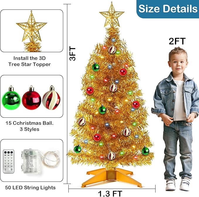 3 Ft Gold Christmas Tree with 12 Modes Timer 50 LED Four Color & Warm Lights DIY 15 Ball Ornaments 3D Star Artificial Xmas Tree Indoor Home Holiday Party Decoration