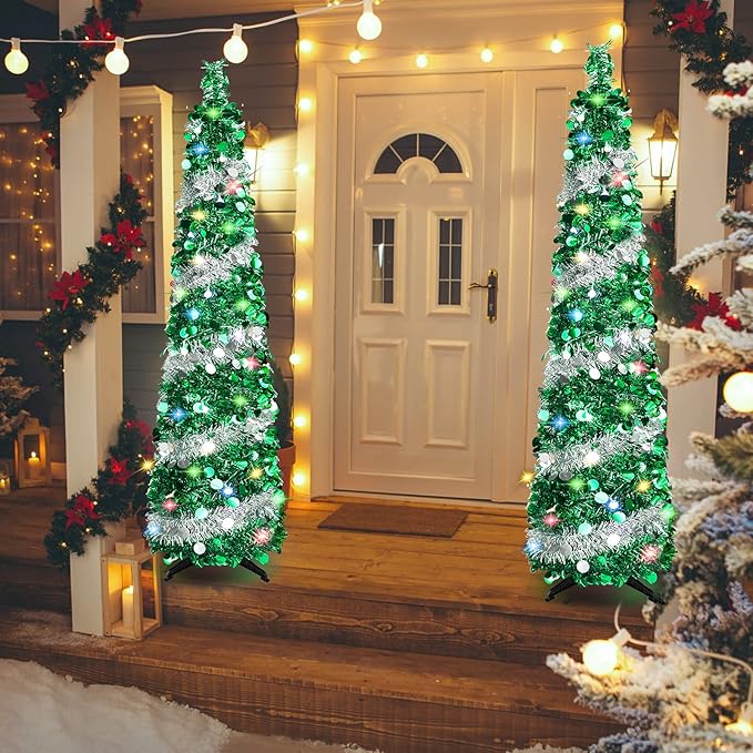 5 FT Christmas Trees with 90 Colorful Lights, Collapsible Artificial Sequin Pop Up Christmas Tree, Tall Skinny Pencil Tinsel Christmas Trees Xmas Tree for Home Apartment Basement Fireplace