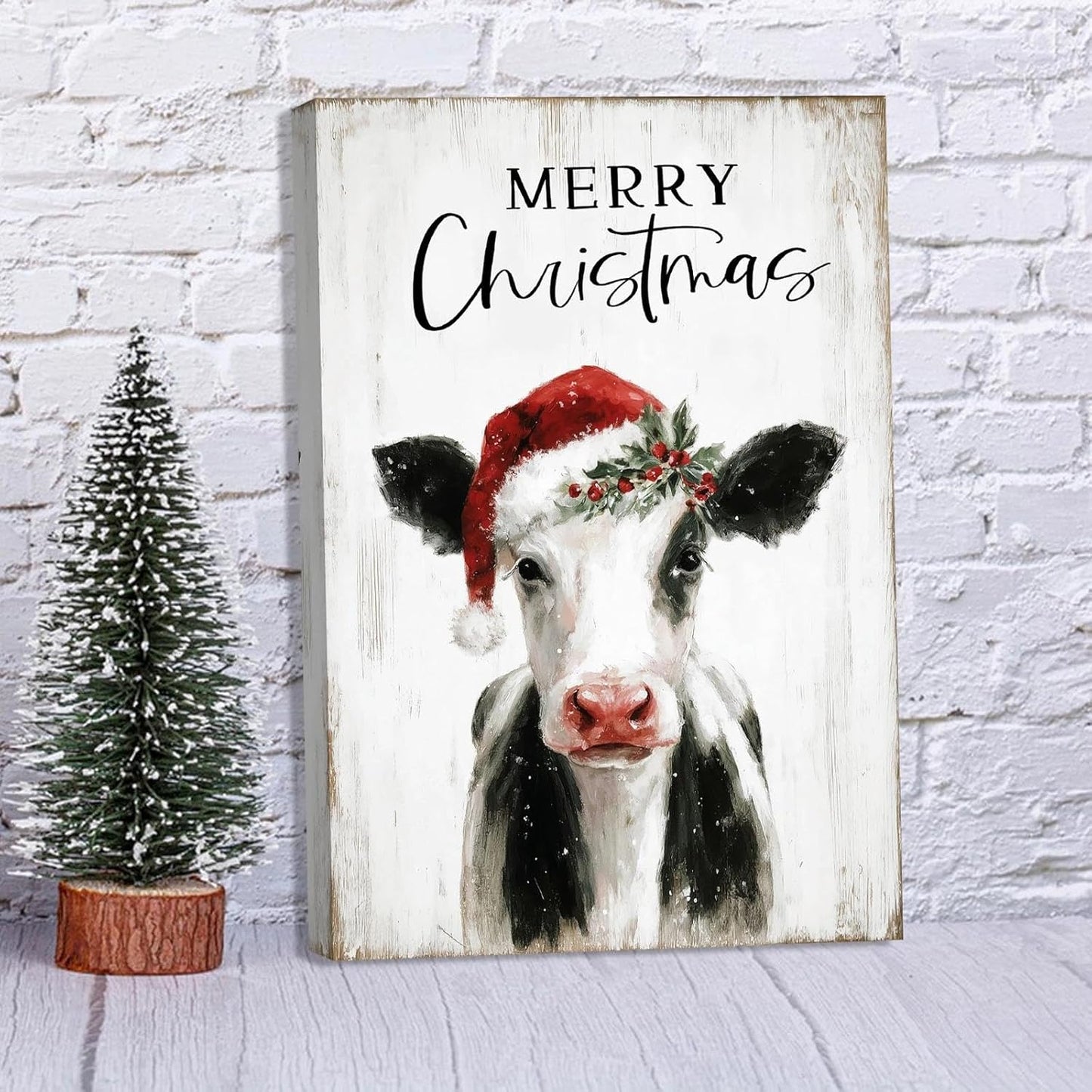 Christmas Cow Canvas Wall Art – Framed Farmhouse Decor for Xmas, Ready to Hang Print Holiday Gifts for Bedroom & Living Room Indoor 10x15 Inch