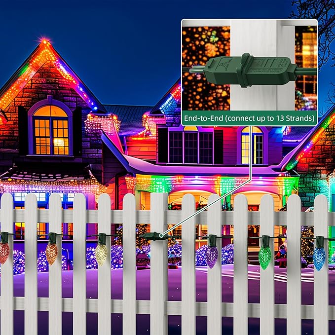 50Ft C9 Multicolor Christmas Lights Outdoor - 50 Colored LED Bulbs, Vintage String for Holiday, Xmas, Roofline, Wedding, Tree Decoration - Green Wire