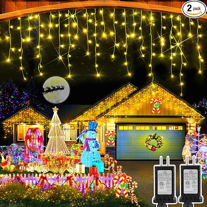 Christmas Lights Outdoor, 2 Pack Total 98FT 960 LED Ice Lights for Outside with 180 Drops Clear Wire 8 Modes Timer, Plug in Waterproof for Holiday Eaves Yard Roof Party Christmas Decor (Warm White)