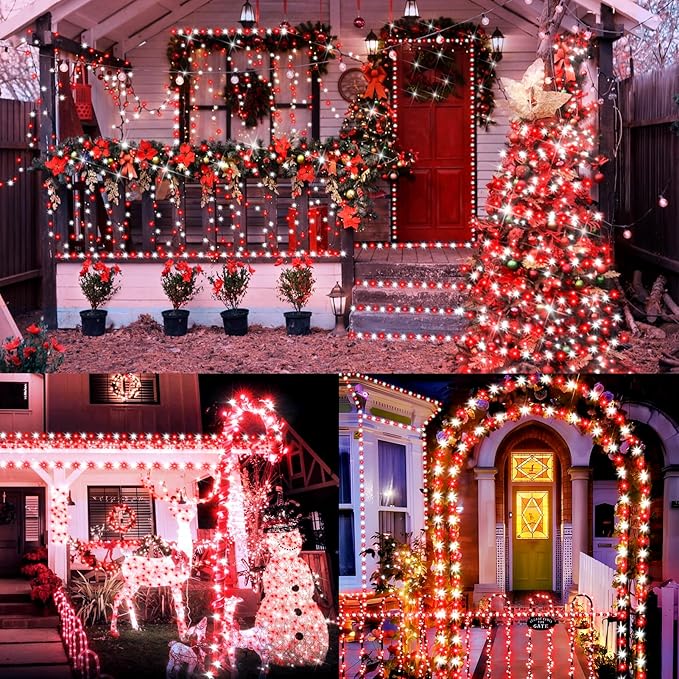 XURISEN Christmas Lights Outdoor 197FT 500 LED Green Wire String Lights 8 Modes with Timer Memory Waterproof Fairy Light Plug in for Xmas Tree Wedding Yard Party Holiday Decorations(Red+White)