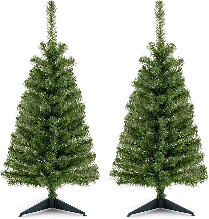 HAPPYGRILL 3 FT Unlit Green Christmas Tree Set of 2, Artificial Tabletop Christmas Tree with Stand, Xmas Tree for Home Office Festival Decoration