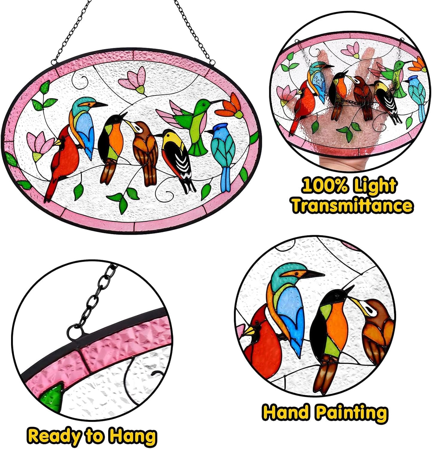 Huray Rayho Birds On A Branch Stained Glass Ornament, 9.5''x6.7'' Cardinal Hummingbird Suncatcher Hand-Painted Double Side Glass Panel Window Hanging Decor Bird Lover Gift for Mom, Grandma, Teacher