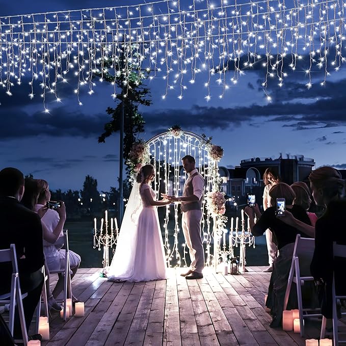 Heceltt White Christmas Lights Outdoor, 49FT 480 LED Ice Lights for Outside with 90 Drops Clear Wire 8 Modes Timer, Plug in Waterproof for Holiday Eaves Yard Roof Party Christmas Decoration