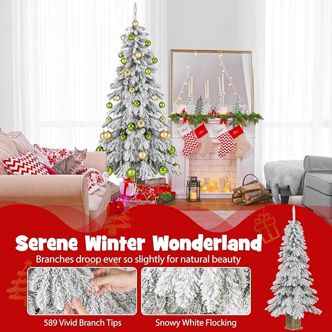 HAPPYGRILL 6 FT Unlit Artificial Christmas Tree Set of 2, Hinged Xmas Tree with 589 Flocked Branch Tips, 48 Xmas Balls, Vintage Cement-Filled Flowerpot & Gloves, Potted Decoration Tree